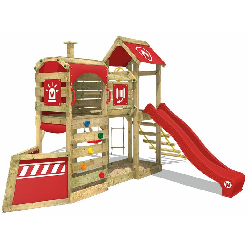 

WICKEY Parque infantil de madera SteamFlyer con columpio y tobogán rojo Casa de juegos de jardín con arenero y escalera para niños