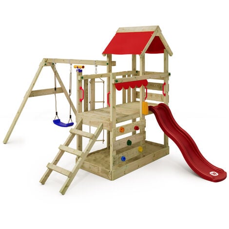 WICKEY Parque infantil de madera TurboFlyer con columpio y tobogán rojo Torre de escalada de exterior con arenero y escalera para niños