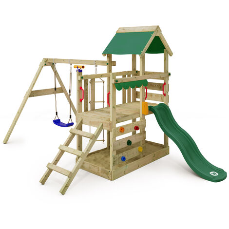 main image of "WICKEY Parque infantil de madera TurboFlyer con columpio y tobogán verde Torre de escalada de exterior con arenero y escalera para niños"