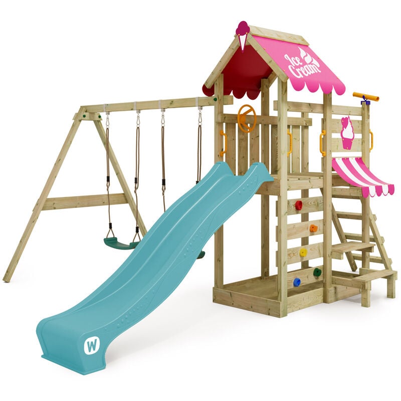 

WICKEY Parque infantil de madera VanillaFlyer con columpio y tobogán turquesa Torre de escalada de exterior con arenero y escalera para niños