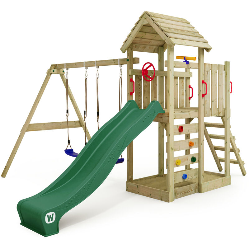 

WICKEY Parque infantil de madera MultiFlyer Techo de madera con columpio y tobogán verde Torre de escalada de exterior con techo, arenero y escalera