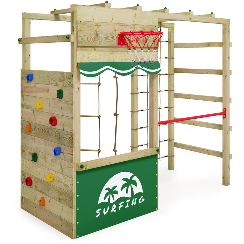 

WICKEY Parque infantil de madera Smart Action área de juegos da exterior, Escalera Sueco con pared de escalada para niños