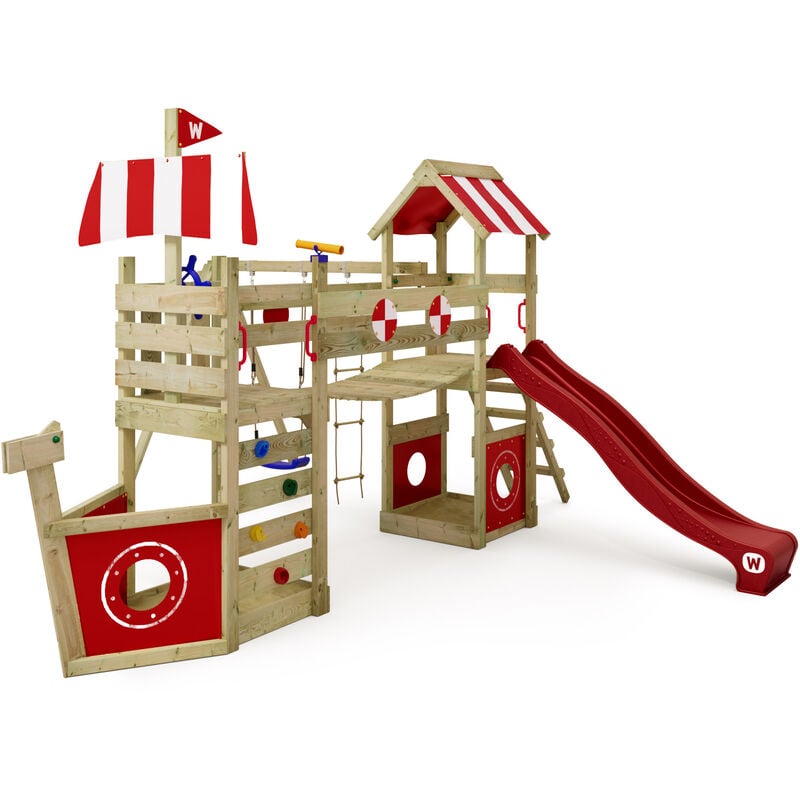 

WICKEY Parque infantil de madera StormFlyer con columpio y tobogán rojo Casa de juegos de jardín con arenero y escalera para niños