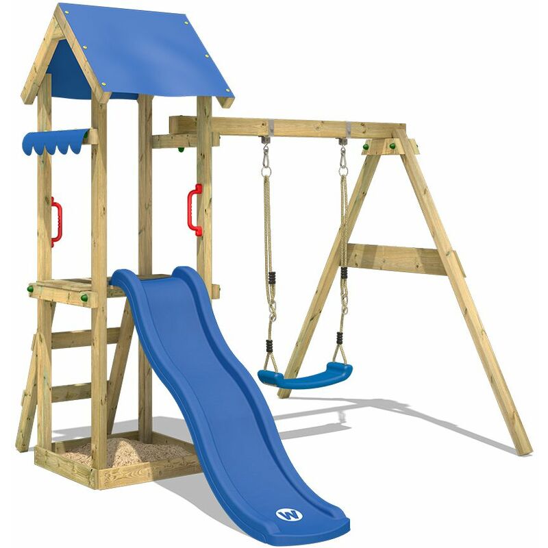 Aire de jeux Portique bois TinyWave avec balançoire et toboggan bleu Maison enfant exterieur avec bac à sable, échelle d'escalade & accessoires de