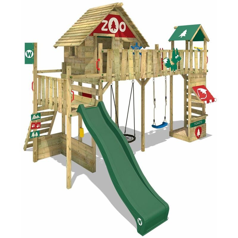 

WICKEY Parque infantil de madera Smart Ranger con columpio y tobogán verde Casa sobre pilares de exterior con arenero y escalera para niños