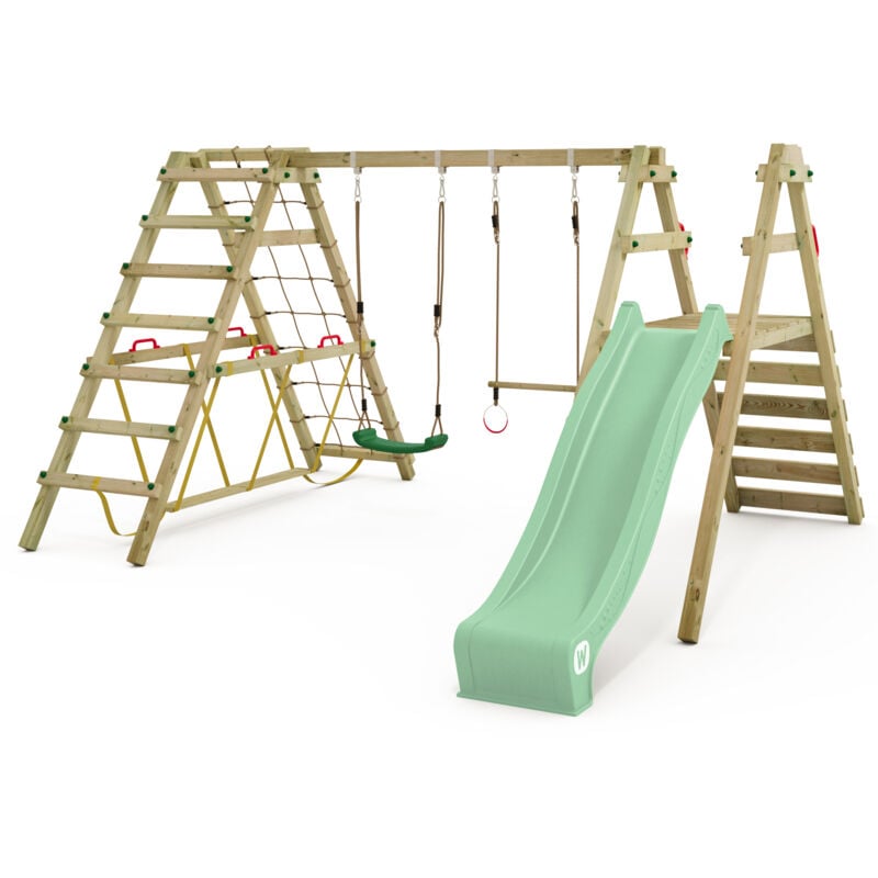 WICKEY Portique balançoire Aire de jeux Smart Shake avec toboggan - extension d'escalade - vert pastel
