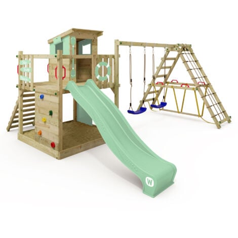 Wickey Spielturm Klettergerüst Smart Surf, Schaukel & Rutsche, Kletterturm mit Sandkasten, Leiter & Spiel-Zubehör - pastellgrün