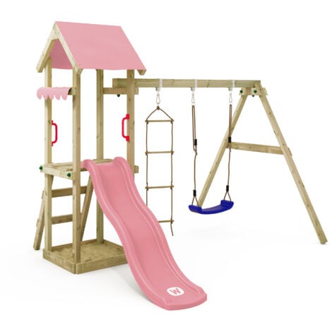 Wickey Spielturm Klettergerüst TinyCabin mit Schaukel & Rutsche, Kletterturm mit Sandkasten, Leiter & Spiel-Zubehör – Pastellpink