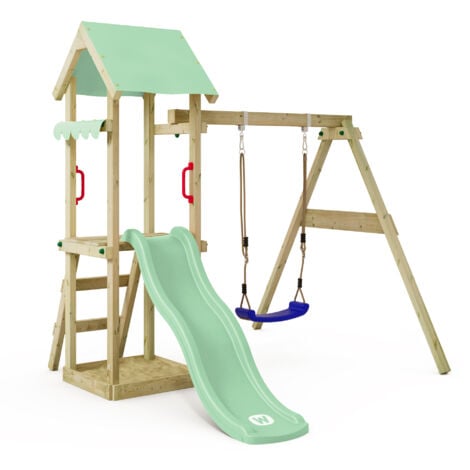 Wickey Spielturm Klettergerüst TinyWave mit Schaukel & Rutsche, Kletterturm mit Sandkasten, Leiter & Spiel-Zubehör - Pastellgrün
