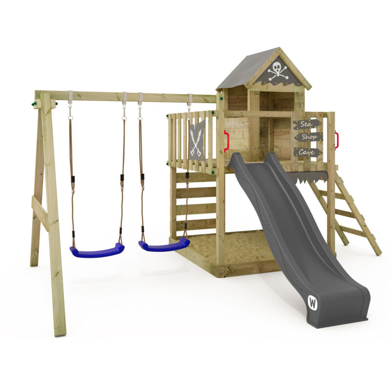 Spielturm Klettergerüst Smart Cave Mit Schaukel & Rutsche, Baumhaus Mit Sandkasten, Kletterleiter & Spiel-zubehör – Anthrazit - Wickey
