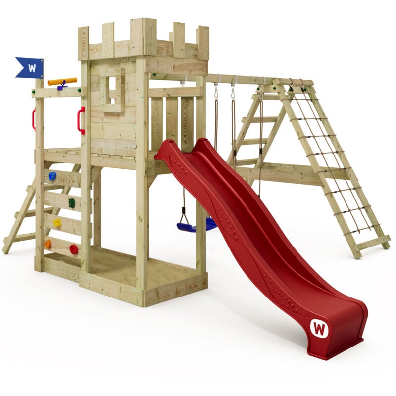 Structure à grimper GateFlyer Aire de jeux avec balançoire et annexe à grimper, raccordement à l'eau, filet à grimper, télescope, bac à sable, mur