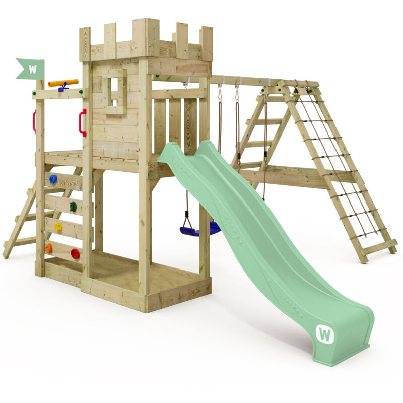 Structure à grimper GateFlyer Aire de jeux avec balançoire et annexe à grimper, raccordement à l'eau, filet à grimper, télescope, bac à sable, mur