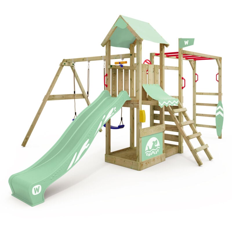 Structure d'escalade Tour de jeu Smart Baboon avec balançoire & toboggan, tour d'escalade avec bac à sable, échelle & accessoires de jeu - vert