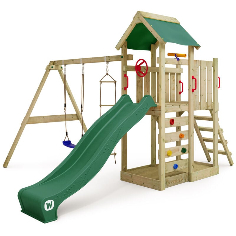 

WICKEY Parque infantil de madera MultiFlyer con columpio y tobogán verde Torre de escalada de exterior con arenero y escalera para niños