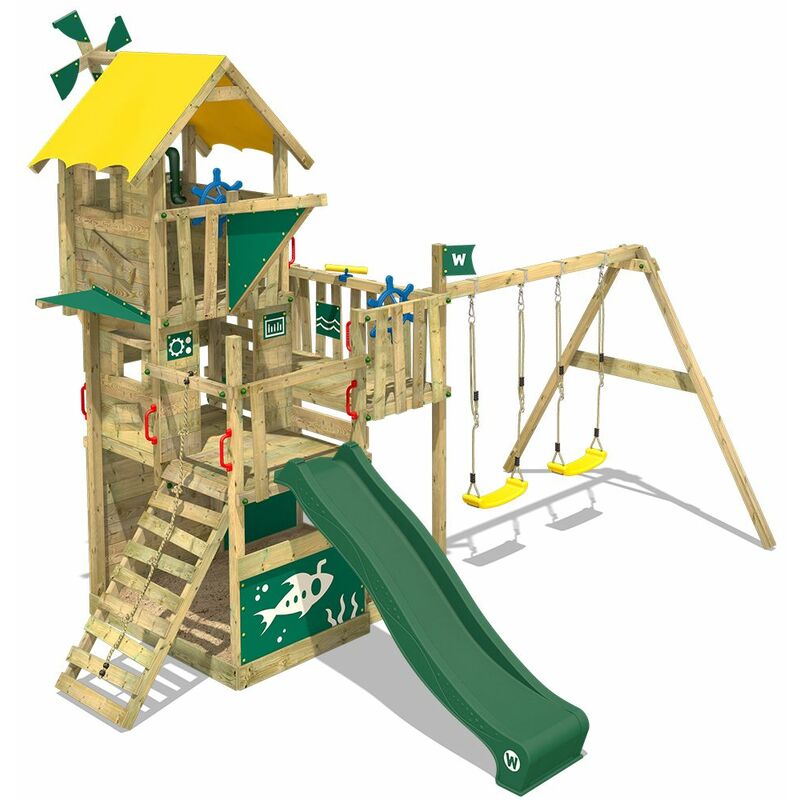 

Parque infantil de madera Smart Engine con columpio y tobogán verde Casa de juegos de jardín con arenero y escalera para niños - Wickey