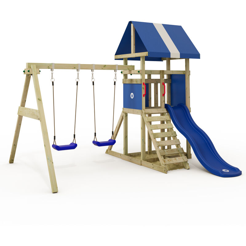 Tour de jeux DinkyHouse avec balançoire & toboggan, cabane dans les arbres avec bac à sable, échelle à grimper & accessoires de jeu - bleu - bleu