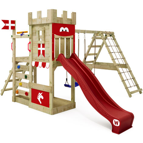 Wickey Wooden climbing frame DragonFlyer with swing set and slide, Knight's playcastle with sandpit, climbing ladder & play-accessories - red