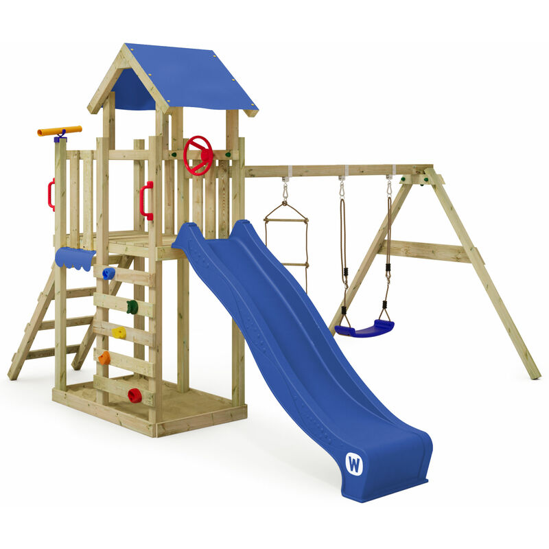 Wickey - Wooden climbing frame MultiFlyer Light with swing set and slide, Garden playhouse with sandpit, climbing ladder & play-accessories - blue