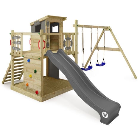 Wickey Wooden climbing frame Smart Camp with swing set and slide, Playhouse on stilts for kids with sandpit, climbing ladder & play-accessories - anthracite
