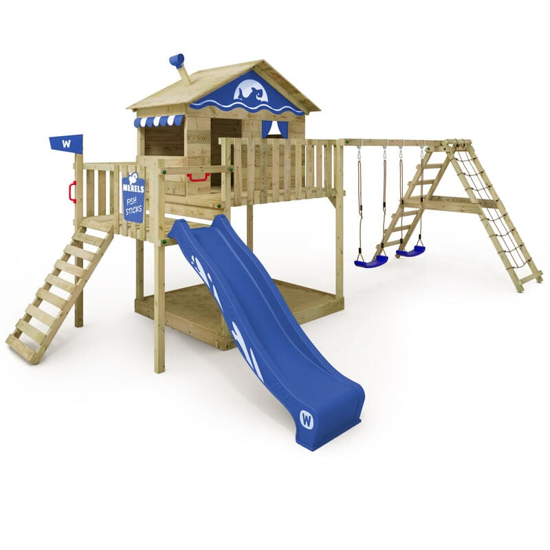 Wickey - Wooden climbing frame Smart Ocean with swing set and slide, Playhouse on stilts for kids with sandpit, climbing ladder & play-accessories