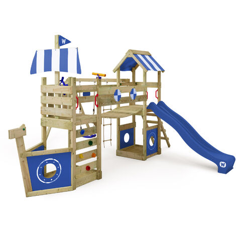 main image of "WICKEY Wooden climbing frame StormFlyer with swing set and blue slide, Playhouse on stilts for kids with sandpit, climbing ladder & play-accessories"