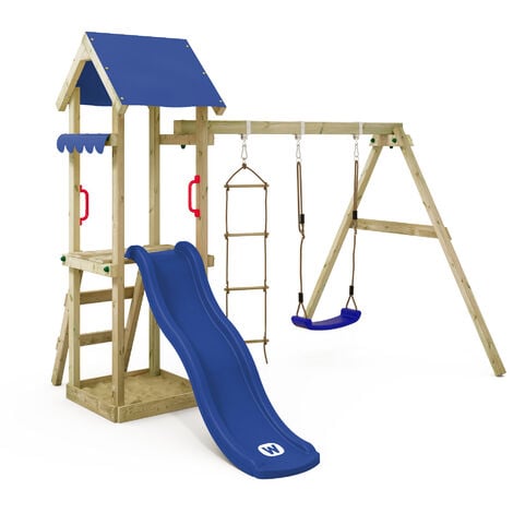 Wickey Wooden climbing frame TinyCabin with swing set and slide, Garden playhouse with sandpit, climbing ladder & play-accessories - blue