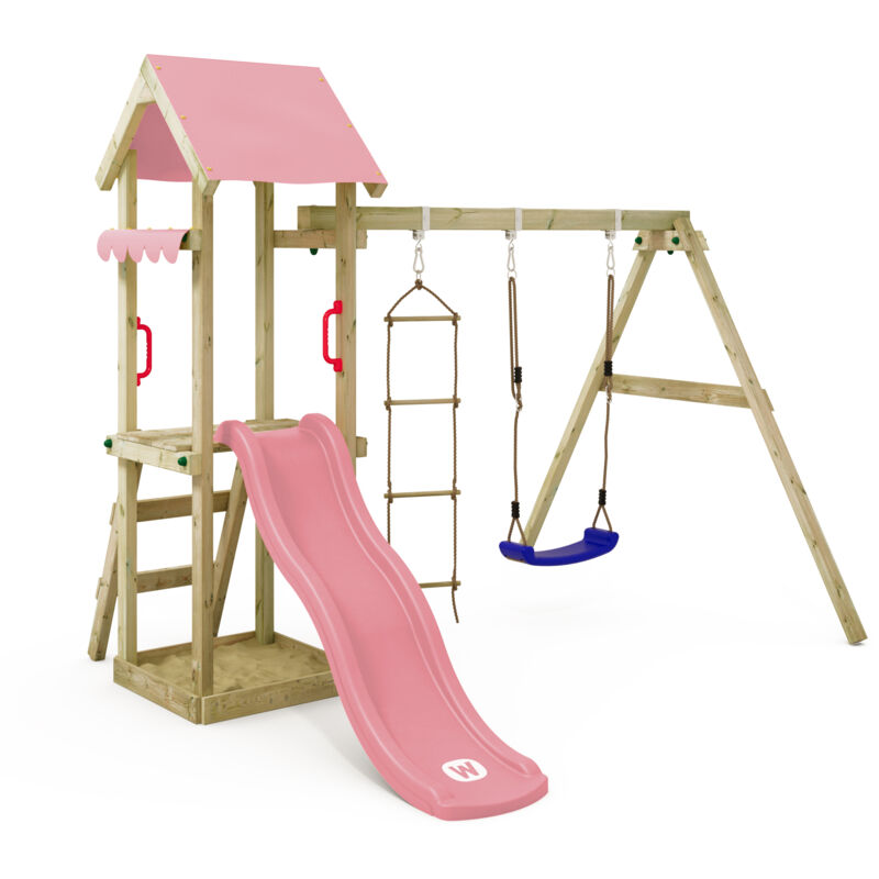 Wickey Tinycabin Wooden Play Tower With Swing And Sandpit For Toddlers In Light Pink