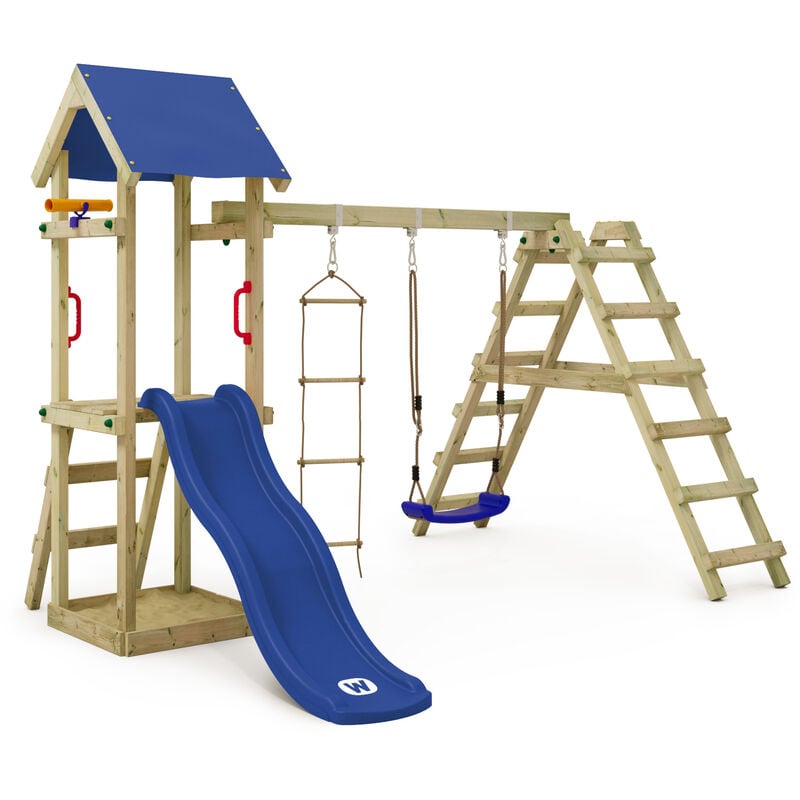 Wickey - Wooden climbing frame TinyLoft with swing set and slide, Garden playhouse with sandpit, climbing wall & play-accessories - blue