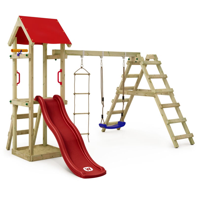 Wickey - Wooden climbing frame TinyLoft with swing set and slide, Garden playhouse with sandpit, climbing wall & play-accessories - red