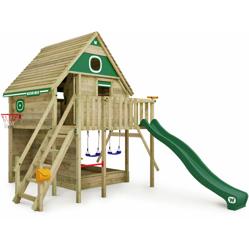 Wickey - Wooden Tower Playhouse Smart FamilyHouse with swing & slide, Treehouse with sandpit, climbing ladder & play accessories - green