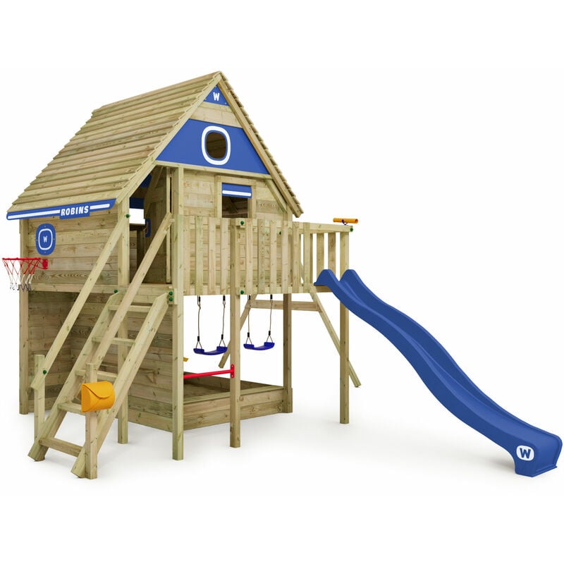 Wickey - Wooden Tower Playhouse Smart FamilyHouse with swing & slide, Treehouse with sandpit, climbing ladder & play accessories - blue