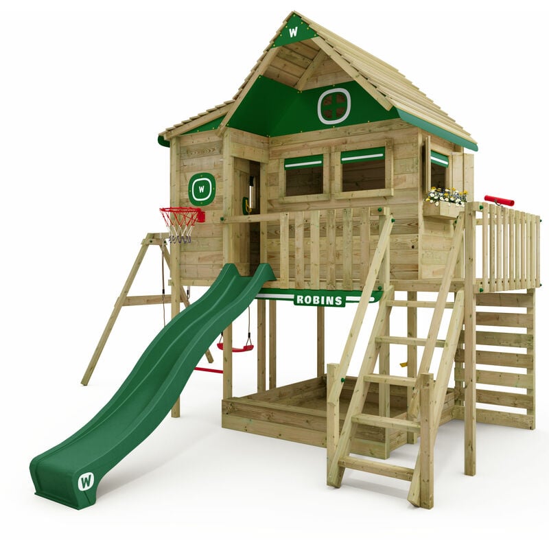 Wickey Wooden Tower Playhouse Smart GreenHouse with swing & slide, Treehouse with sandpit, climbing ladder & play accessories - green