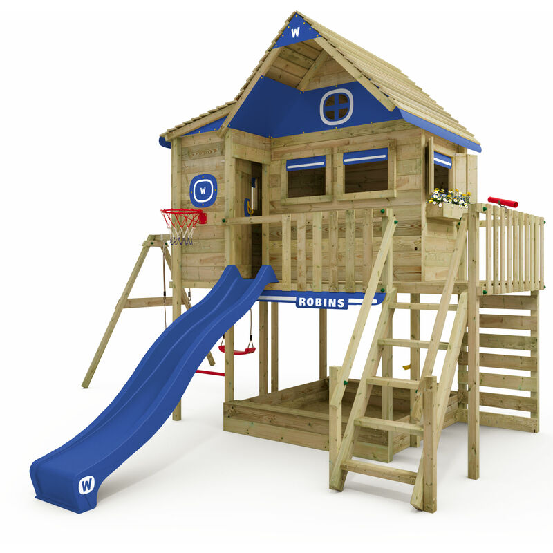 Wickey - Wooden Tower Playhouse Smart GreenHouse with swing & slide, Treehouse with sandpit, climbing ladder & play accessories - blue