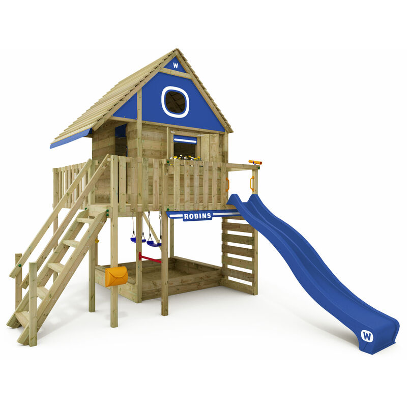 Wickey - Wooden Tower Playhouse Smart LakeHouse with swing & slide, Treehouse with sandpit, climbing ladder & play accessories - blue