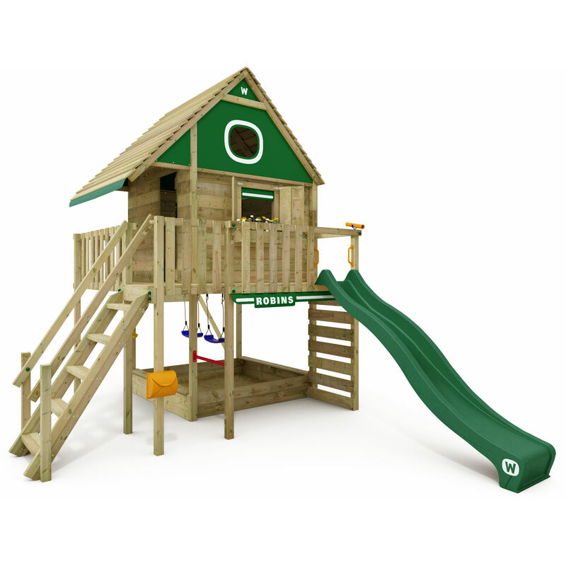 Wickey - Wooden Tower Playhouse Smart LakeHouse with swing & slide, Treehouse with sandpit, climbing ladder & play accessories - green