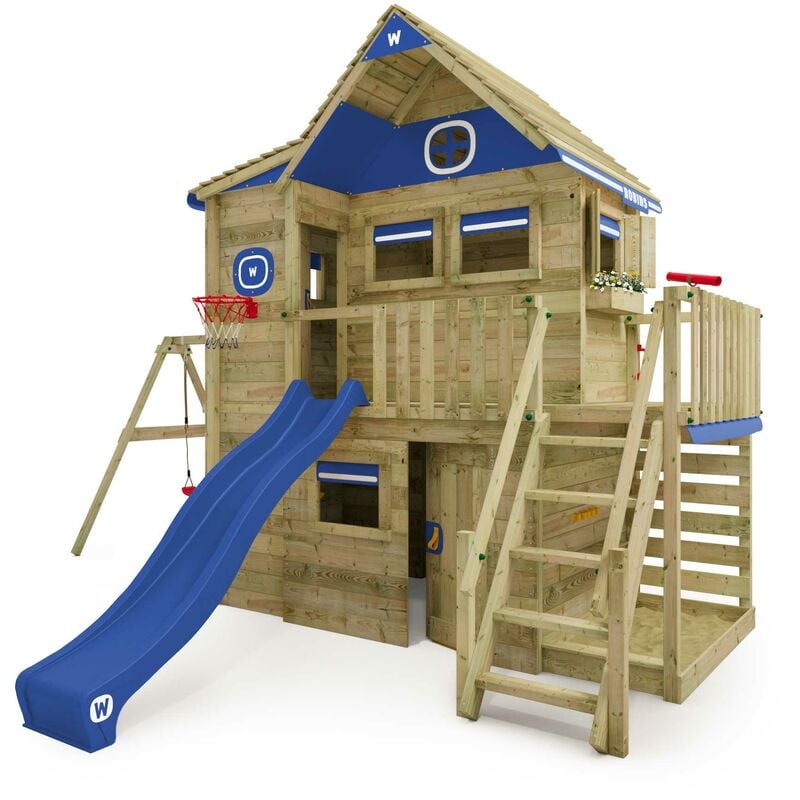 Wickey - Wooden Tower Playhouse Smart ArtHouse with swing & slide, Treehouse with sandpit, climbing ladder & play accessories - blue