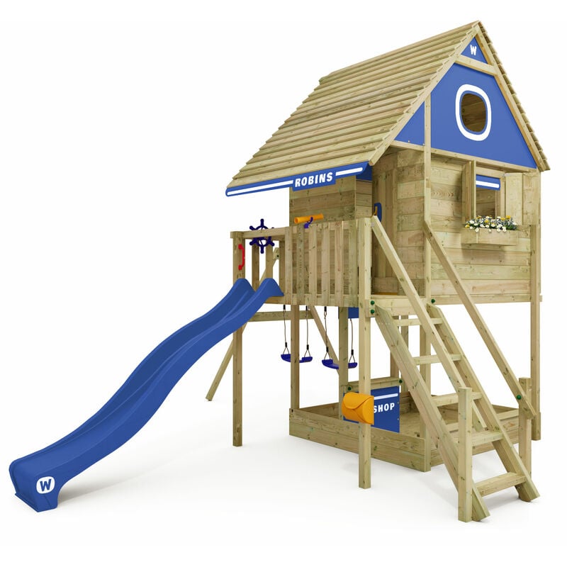 Wickey - Wooden Tower Playhouse Smart RiverHouse with swing & slide, Treehouse with sandpit, climbing ladder & play accessories - blue