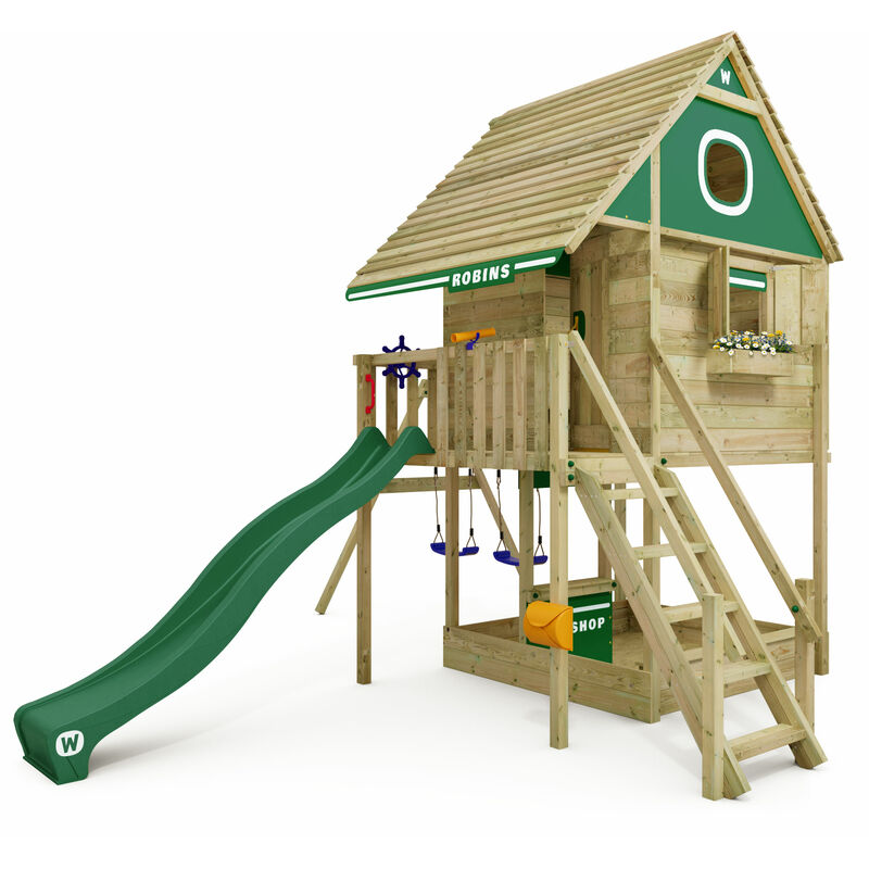 Wickey - Wooden Tower Playhouse Smart RiverHouse with swing & slide, Treehouse with sandpit, climbing ladder & play accessories - green