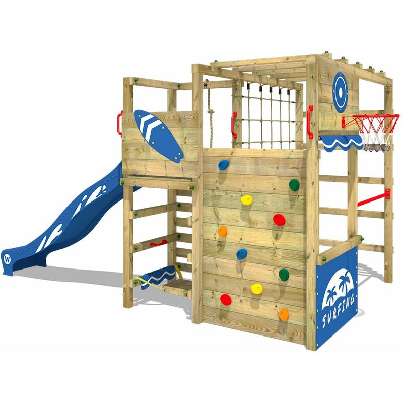 

WICKEY Parque infantil de madera Smart Tactic con tobogán azul área de juegos da exterior, Escalera Sueco con pared de escalada para niños