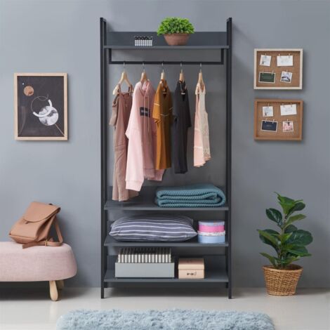 Wide Open Wardrobe with 4 Shelves and Hanging Rail in Oak Effect Black Metal Frames