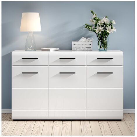Wide Sideboard Cabinet High Gloss White Doors Drawers Black Accents Fever 150 cm