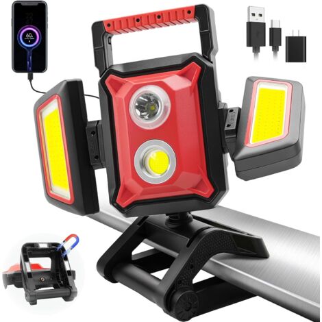 Wiederaufladbare Arbeitsleuchte, 4000 Lumen magnetische Arbeitsleuchte – Klemm-/Stativbefestigung, tragbarer, kabelloser Fluter mit 5 Modi