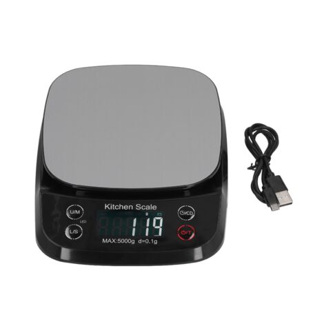 Wiederaufladbare digitale Küchenwaage aus Edelstahl zum Backen und für Lebensmittel, Schwarz, 5 kg/0,1 g