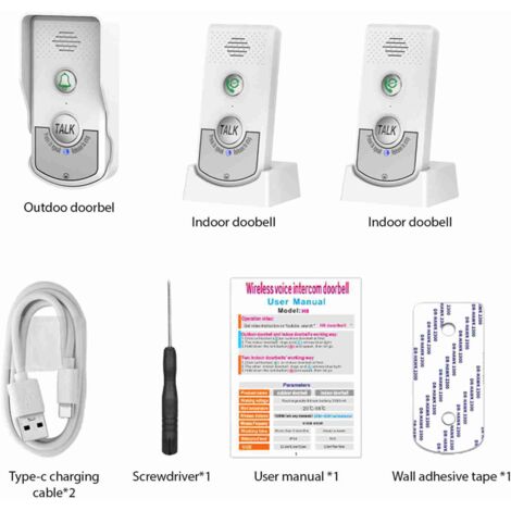 Wiederaufladbare, kabellose und tragbare Smart-Türklingel mit Gegensprechanlage für Zuhause, 1000 m Reichweite, 38 Melodien, 2 Inneneinheiten, IP54, 1800 mAh