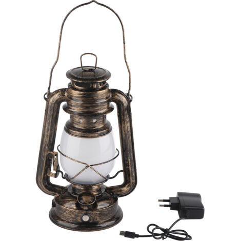 Wiederaufladbare LED-Campinglaterne, Retro-Stil, tragbar, warmes Licht, EU-Stecker 110–240 V, Bronze