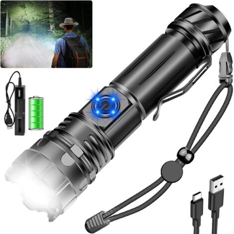 Wiederaufladbare LED-Taschenlampe mit hoher Leuchtkraft, superhell, batteriebetrieben, mit Clip, 12.000 Lumen, 5 Leuchtmodi, wasserdicht