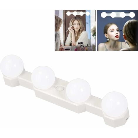 Wiederaufladbare Make-up-Schminklampe mit Schalter, kabelloser LED-Schminkspiegel, 4 x LED-Glühbirnen im Hollywood-Stil, 3 Farben und 5 dimmbare Helligkeit, Beleuchtung für Schlafzimmerspiegel [Energi