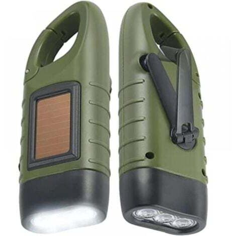 Wiederaufladbare Solar Taschenlampe (2er-Pack), LED Notfall Kurbel Dynamo Taschenlampe mit Karabiner für Wandern Reisen Camping Klettern, Armeegrün