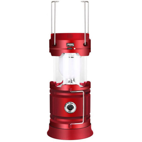 Wiederaufladbare Solar-/USB-LED-Laterne, leistungsstarke Campinglampe, tragbare Gartenlaterne mit 2 Leuchtmodi, 360°-Hängelampe mit wasserdichtem Design für Biwak/Notfall/Garage/Keller/Angeln (Rot)