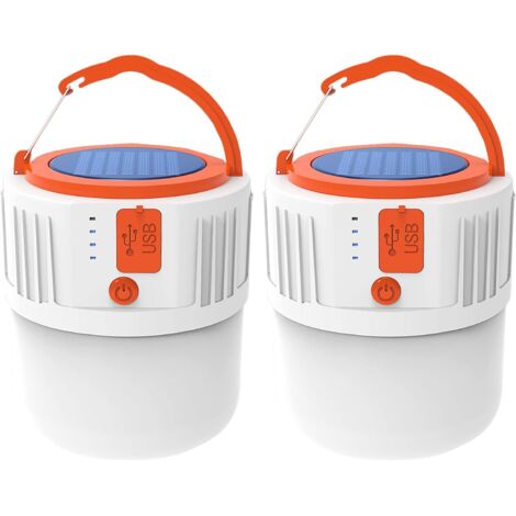 Wiederaufladbare Solar-Zeltleuchte mit USB-Anschluss und fünf Modi für den Außeneinsatz und Stromausfälle.